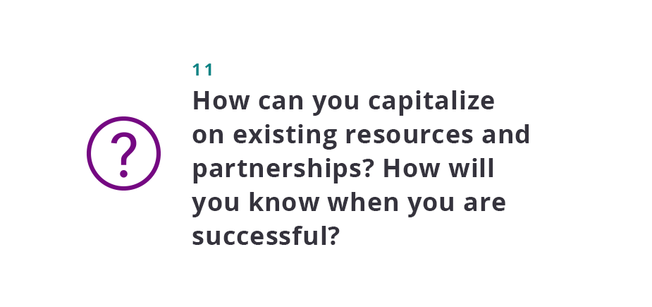 How can you capitalize on existing resources and partnerships? How will you know when you are successful? 
