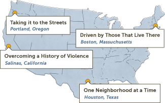 Map of the US defining the 4 grantee profiles including Portland, Boston, Houston and Salinas.