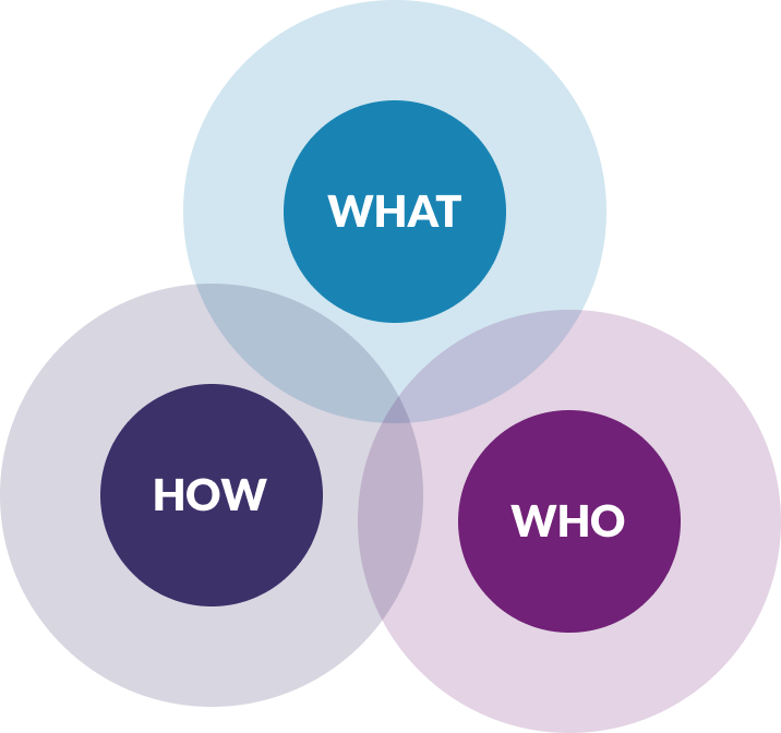 Venn diagram with overlapping circles labelled 'What', 'How', and 'Who'