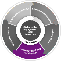 Stakeholder Engagement and Education. 1. Problem Identification, 2. Policy Analysis, 3. Strategy and Policy Development (Highlighted), 4. Policy Enactment, 5. Policy Implementation