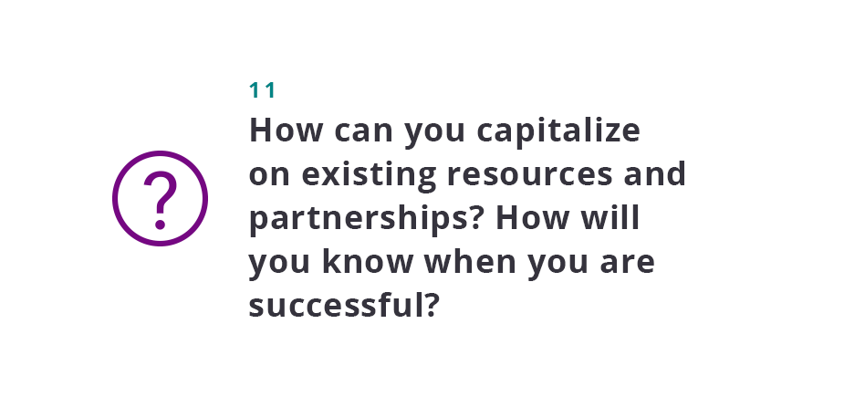 How can you capitalize on existing resources and partnerships? How will you know when you are successful?