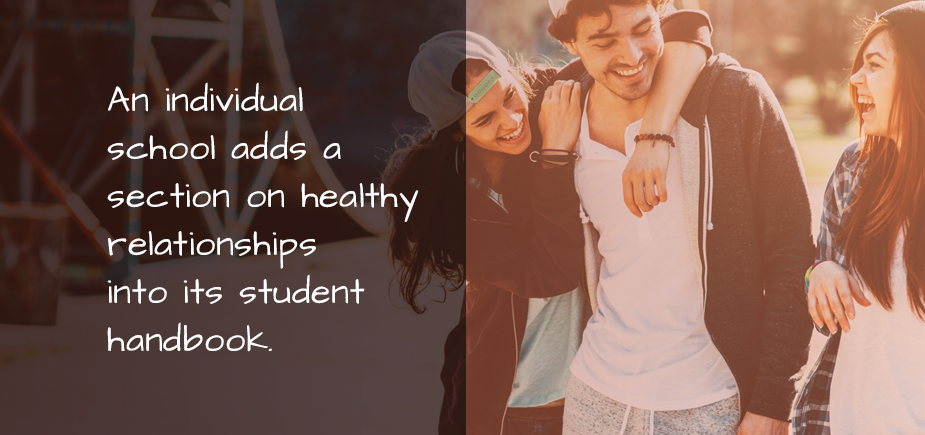 An individual school adds a section on healthy relationships into its student handbook.