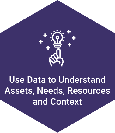 Icon Image of hand and lightbulb titled "Use Data to Understand Assets, Needs, Resource and Context"