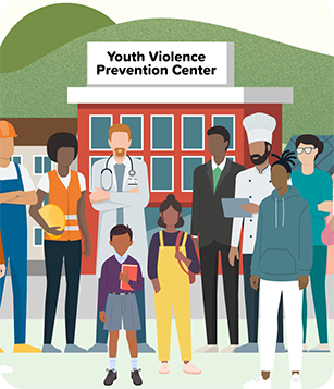drawing of people standing in front of youth violence prevention center