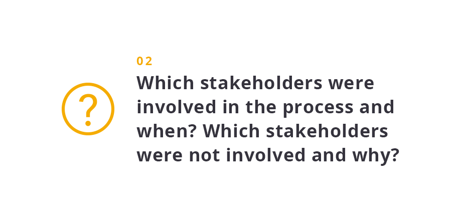 Which stakeholders were involved in the process and when? Which stakeholders were not involved and why? 