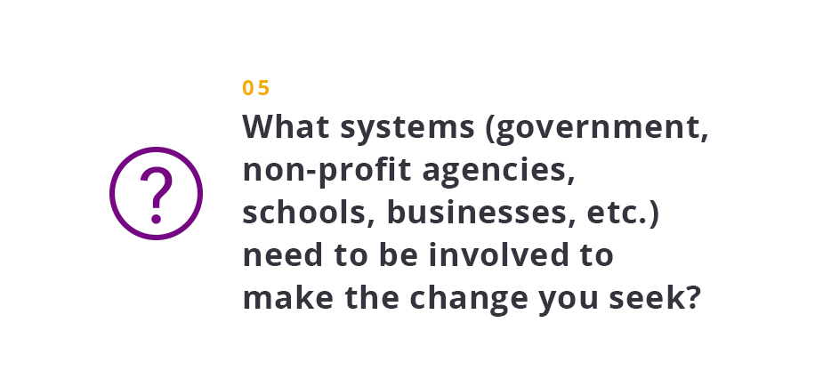 What systems (government, non-profit agencies, schools, businesses, etc.) need to be involved to make the change you seek?